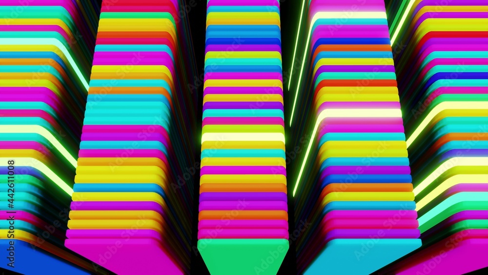 Poster 3d render. 3d abstract creative festive background multicolored columns flashing different colors ra