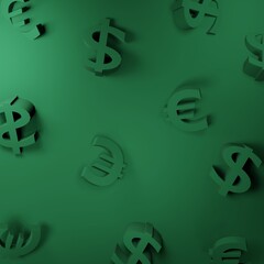 Dollars and Euros on a green background. Pattern. 3d render illustration. Advertising for financial institutions.