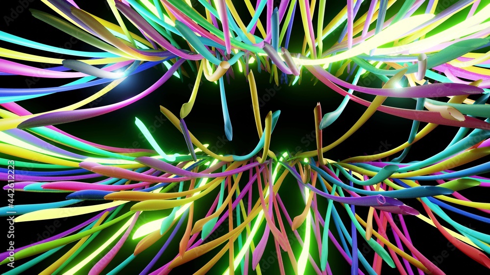 Aufkleber 3d abstract background with neon light, multicolored flashes of light bulbs of unusual shapes. curve