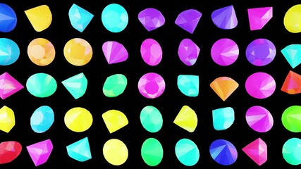 abstract festive background with multi-colored diamonds rotating in the air like placed on a plane. Beautiful bg. 3d rendering