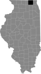 Black highlighted location map of the Illinoisan McHenry County inside gray map of the Federal State of Illinois, USA