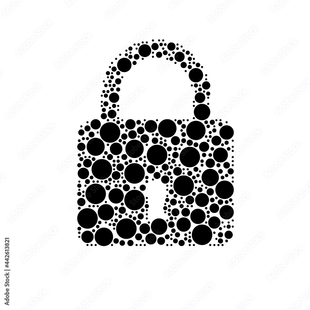 Poster a large padlock symbol in the center made in pointillism style. the center symbol is filled with bla