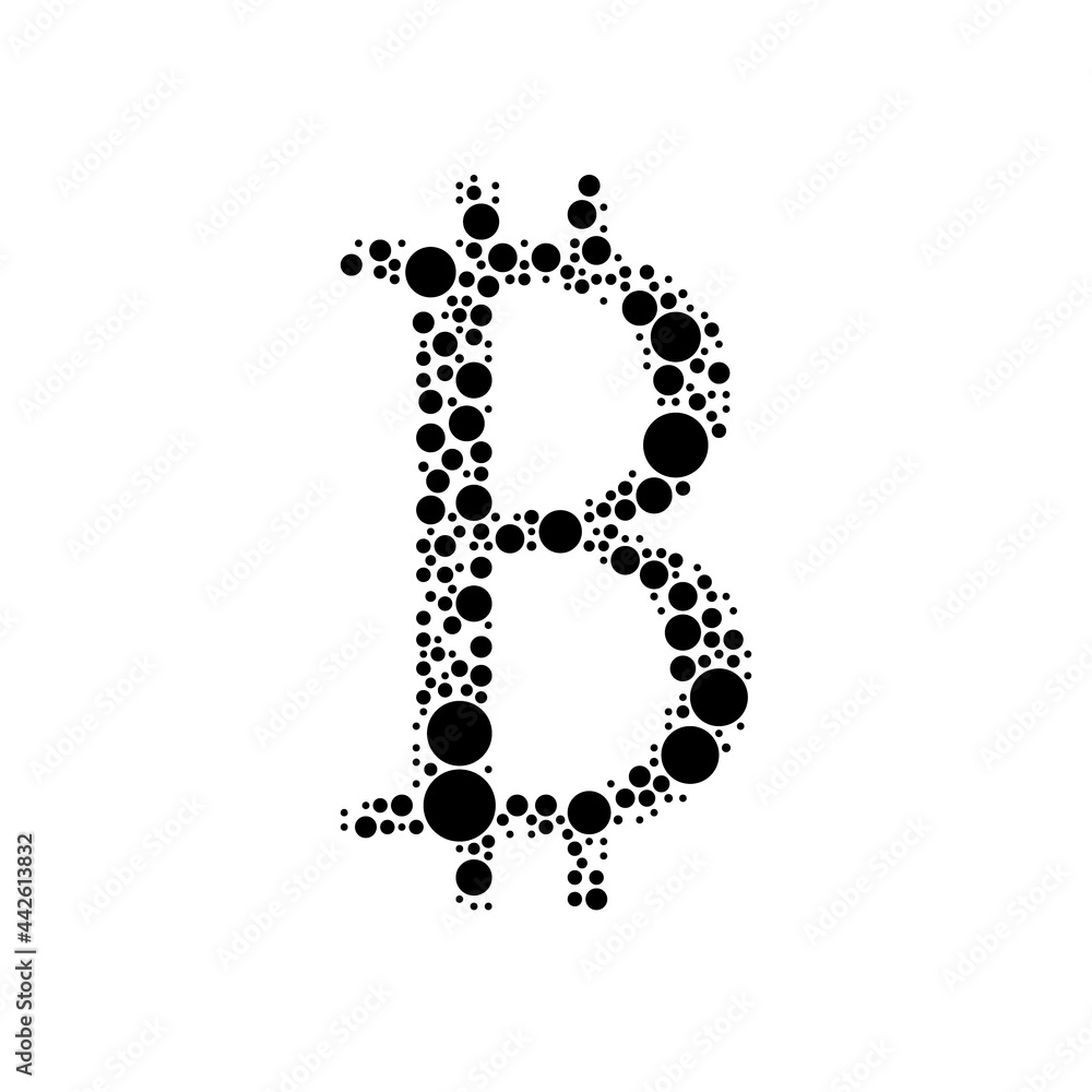 Poster a large bitcoin symbol in the center made in pointillism style. the center symbol is filled with bla