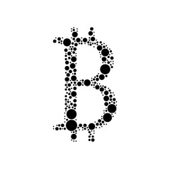 A large bitcoin symbol in the center made in pointillism style. The center symbol is filled with black circles of various sizes. Vector illustration on white background