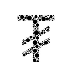 A large tugrik symbol in the center made in pointillism style. The center symbol is filled with black circles of various sizes. Vector illustration on white background