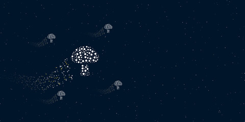 Fototapeta na wymiar A mushroom symbol filled with dots flies through the stars leaving a trail behind. Four small symbols around. Empty space for text on the right. Vector illustration on dark blue background with stars