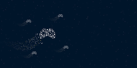 A joystick symbol filled with dots flies through the stars leaving a trail behind. Four small symbols around. Empty space for text on the right. Vector illustration on dark blue background with stars