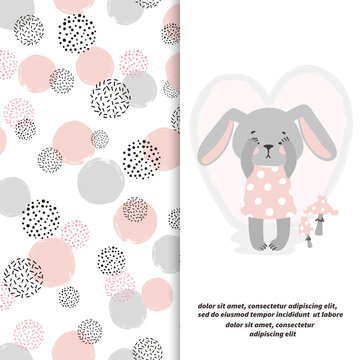 Cute cartoon bunny girl and circles pattern. Greeting card, textile, fabric design for kids © Afanasia
