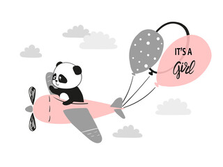 Baby Shower girl greeting card. Cute panda pilot on airplane.