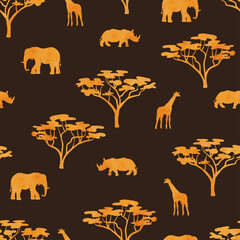 Seamless African safari pattern with watercolor silhouettes of wild animals. 