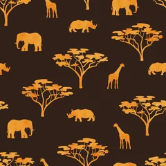 Foto op Plexiglas Afrikaanse dieren Naadloze Afrikaanse safari patroon met aquarel silhouetten van wilde dieren.
