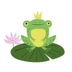Frog prince on lily pad. Cartoon vector illustration of green frog with crown.