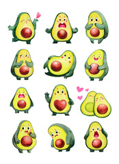 Cute watercolor avocados. Different emotions. A large set of hand-drawn avocados. This is a watercolor illustration for fun greeting cards and stickers.