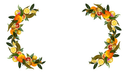 Frame of orange branches. Vector border for lemonade labels, summer designs, summer cafes, summer menus, banner ad. Corner of orange branches. Vector template