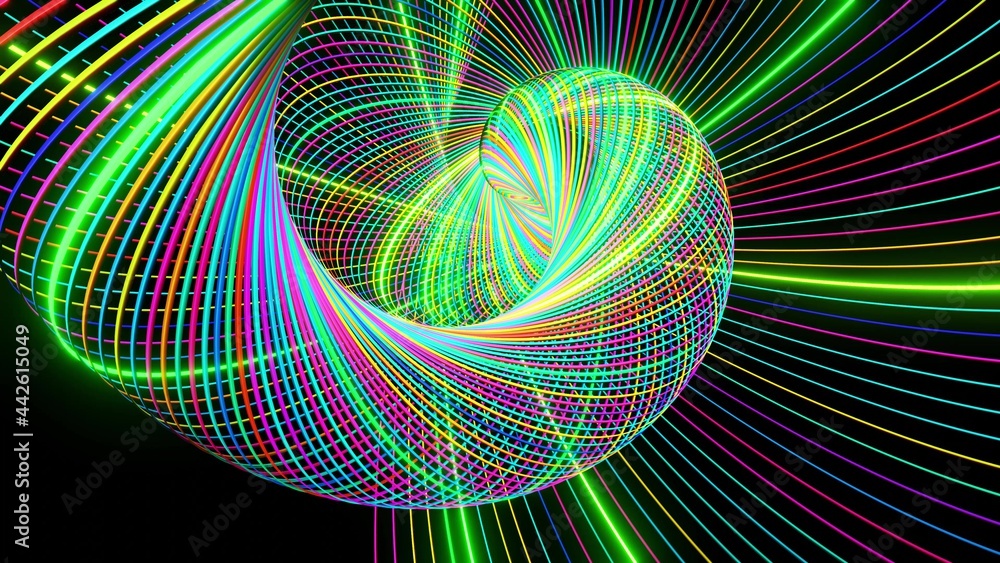 Poster 3d render. abstract geometric bg with rings form complex twisted spiral and light effects. rings fla
