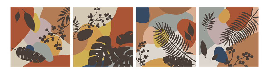 Botanical abstract art backgrounds. Square wall art. Foliage line art drawing with abstract shape. Works for wall framed prints, social media post, poster, home decor, cover, wallpaper.