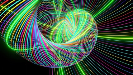 3d render. Abstract geometric bg with rings form complex twisted spiral and light effects. Rings flash neon multicolor lights. Neon ring bulbs for show or events, festivals or concerts