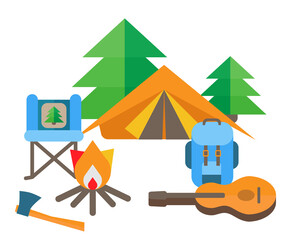 A set of items for tourism and hiking. Includes flat guitar, spruce, tent. Landscape with flat guitar, spruce, tent, bonfire, backpack, chair. The place where tourists stop. Camping place.	