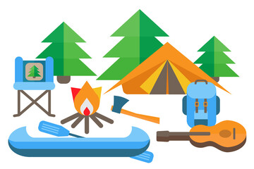 A set of items for tourism and hiking. Includes flat guitar, spruce, tent. Landscape with flat guitar, spruce, tent, bonfire, backpack, chair. The place where tourists stop. Camping place.	