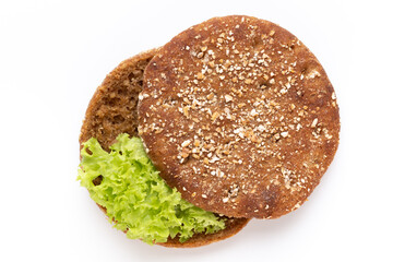 Sandwich with salami sausage on white background.