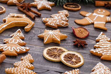 Homemade christmas gingerbread cookies on wooden table.