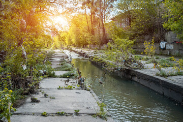 garbage, plastic bags and waste on industrial city river after spring flood