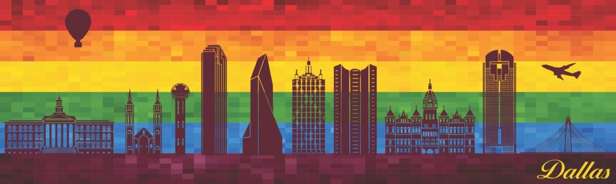 Dallas on LGBT flag background - illustration, 
Town in Rainbow background, 
Vector city skyline silhouette