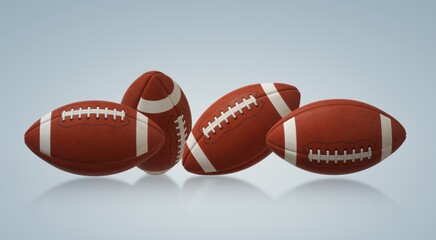 American soccer balls . Multiple american soccer balls stand differently. 3d illustration