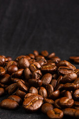 Natural background for Cafe menu or brochure template - macro photo of brown roasted coffee beans, close up