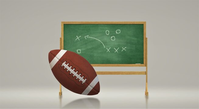 American football ball and American football tactic board . 3d illustration