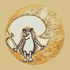 Illustration on a square background - a sad hedgehog with a knot of things sitting on the moon - graphics. Animals