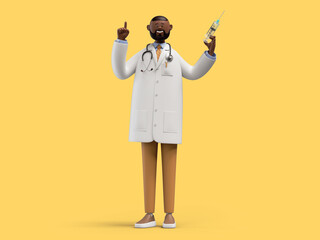 3d render. African cartoon character doctor holds syringe with vaccine against coronavirus. Vaccination and immunization, healthcare concept. Medical lip art isolated on yellow background - obrazy, fototapety, plakaty