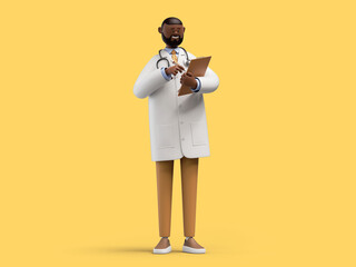 3d render. Happy doctor toy, african cartoon character holds clipboard and looks at camera. Medical clip art isolated on yellow background. Professional consultation - obrazy, fototapety, plakaty