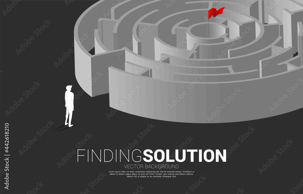 Poster Silhouette of businessman standing with circle maze game. Business concept for problem solving and finding idea.