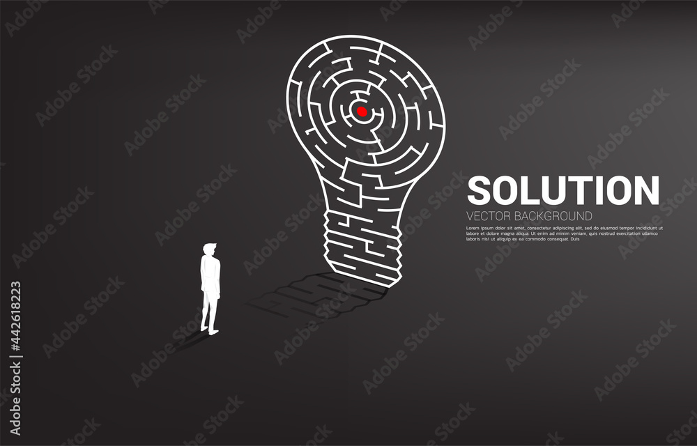 Poster Silhouette of businessman standing with Light bulb from maze game. Business concept for problem solving and finding idea.