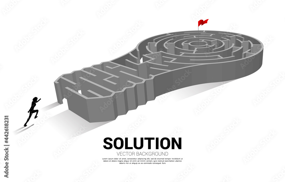 Poster Silhouette of businessman standing with Light bulb from maze game. Business concept for problem solving and finding idea.