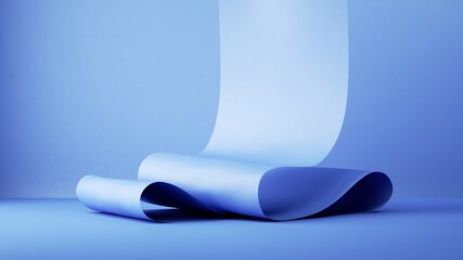 3d render, abstract fashion blue background with scrolled and folded paper ribbon