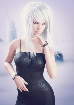 A 3d digital render of a young woman with silver hair and black dress.