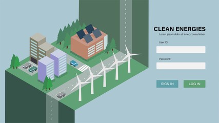 Landing page. Clean energy illustration. Set of buidings, solar panels, wind power. Isometric. 