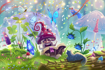 Mushroom in magic forest with fantasy wild animals in summer garden landscape sings a song among the trees, butterflies, sunlight, pets, berries on the meadow with green grass in vector.