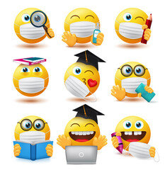 Smiley covid-19 students vector set. Emojis student characters wearing face mask and holding educational elements for school study with safety guidelines emoticon collection design.
