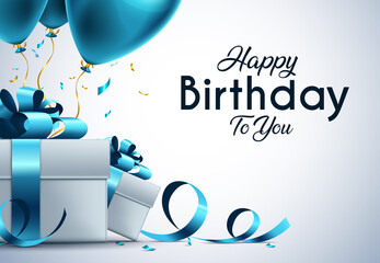 Birthday vector banner template. Happy birthday to you text in white space background with gifts and balloon decoration element for birth day celebration greeting design. Vector illustration 