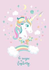 Cartoon trendy unicorn with rainbow vector poster