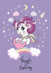 Cartoon trendy unicorn with hearts vector poster