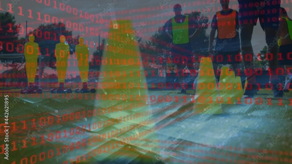Aufkleber animation of binary coding and data processing over football players