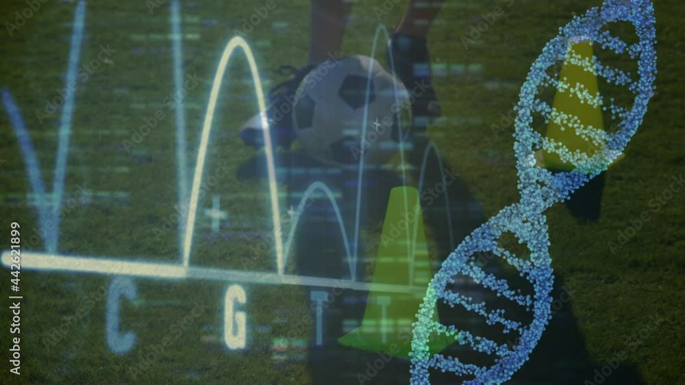 Poster animation of dna strand and data processing over football player