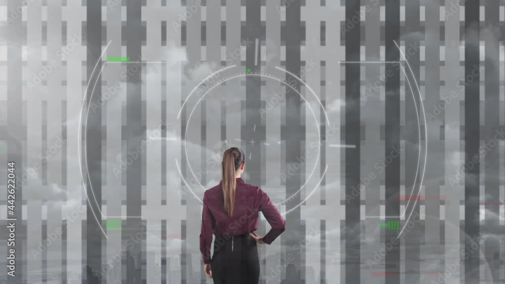 Poster animation of businesswoman touching interactive screen with data processing