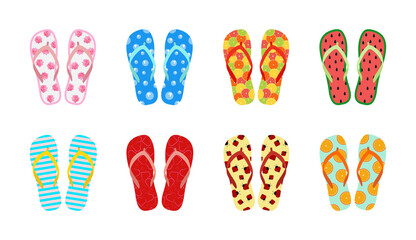 Set of beach summer flip flops with different colorful bright designs. Vector elements.