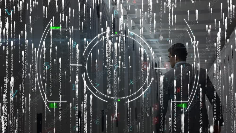 Poster animation of scope and data processing over technician checking computer servers