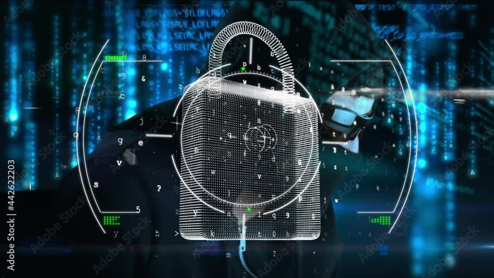 Poster animation of padlock, scope and data processing over hacker with laptop